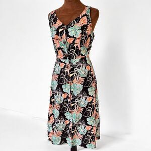Linen Tropical Hawaiian Floral Vacation Summer Dress Sleeveless M Green Orange